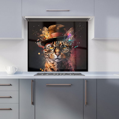 Warren Reed Designer Bengal Cat With Glasses Splashart Premium Glass Kitchen Splashback W900mm X H750mm from B&Q