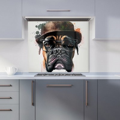 Warren Reed Designer Boxer Dog With Glasses Splashart Premium Glass Kitchen Splashback W900mm X H750mm from B&Q