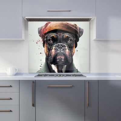Warren Reed Designer Boxer Dog With Hat Splashart Premium Glass Kitchen Splashback W600mm X H650mm from B&Q