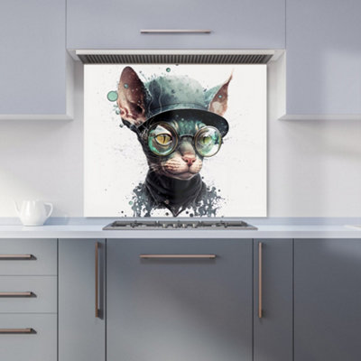 B&Q -  Cornish Rex Cat Splashart Premium Glass Kitchen Splashback W600mm X H600mm