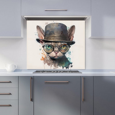 Warren Reed Designer Devon Rex Cat With Glasses Splashart Premium Glass Kitchen Splashback W900mm X H750mm from B&Q