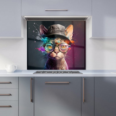 Warren Reed Designer Devon Rex Cat With Hat Splashart Premium Glass Kitchen Splashback W600mm X H650mm from B&Q