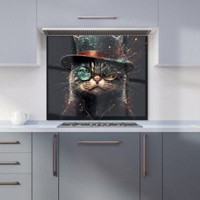 Warren Reed Designer Cat With Glasses Splashart Premium Glass Kitchen Splashback W600mm X H750mm from B&Q