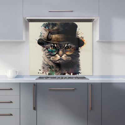 Warren Reed Designer Cat With Glasses And Hat Splashart Premium Glass Kitchen Splashback W700mm X H750mm from B&Q