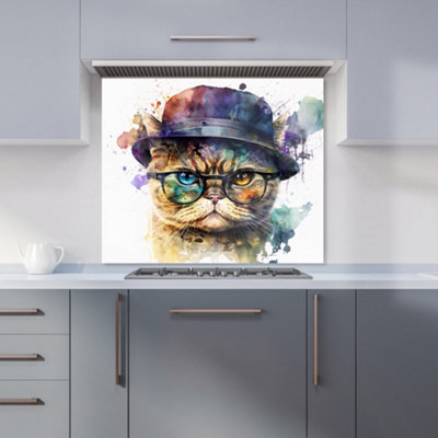 Warren Reed Designer Shorthair Cat With Glasses Splashart Premium Glass Kitchen Splashback W600mm X H600mm from B&Q