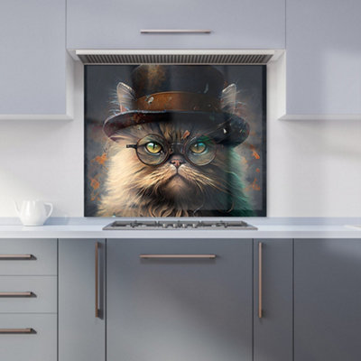 Warren Reed Designer Persian Cat With Glasses Splashart Premium Glass Kitchen Splashback W600mm X H650mm from B&Q