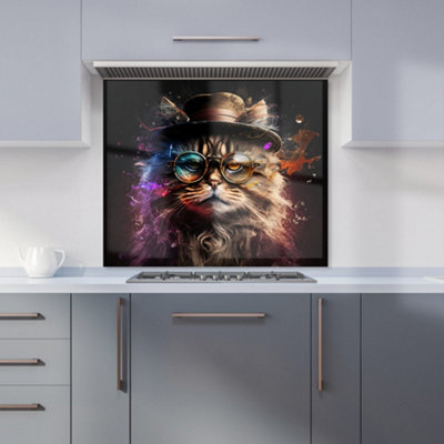 Warren Reed Designer Siberian Cat With Glasses Splashart Premium Glass Kitchen Splashback W900mm X H650mm from B&Q