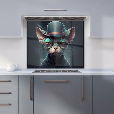 Warren Reed Designer Sphynx Cat With Glases Splashart Premium Glass Kitchen Splashback W600mm X H650mm from B&Q