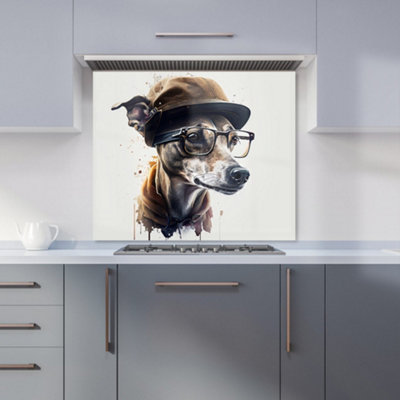 Warren Reed Designer Whippet Dog With Glasses Splashart Premium Glass Kitchen Splashback W900mm X H650mm from B&Q