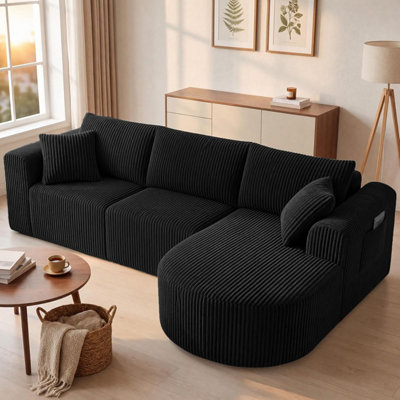 B&Q -  Boneless Corner Sofa Couch Cloud Modular Sectional Sofa L Shaped Memory Foam Corduroy 245CmLight Facing Chaise Black