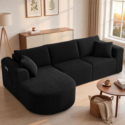 B&Q -  Boneless Corner Sofa Couch Cloud Modular Sectional Sofa L Shaped Memory Foam Corduroy 245CmRight Facing Chaise Black