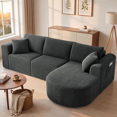 B&Q -  Boneless Corner Sofa Couch Cloud Modular Sectional Sofa L Shaped Memory Foam Corduroy 245CmLight Facing Chaise Grey