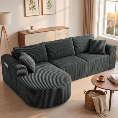 B&Q -  Boneless Corner Sofa Couch Cloud Modular Sectional Sofa L Shaped Memory Foam Corduroy 245CmRight Facing Chaise Grey