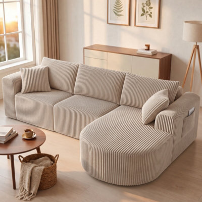 B&Q -  Boneless Corner Sofa Couch Cloud Modular Sectional Sofa L Shaped Memory Foam Corduroy 245CmLight Facing Chaise Beige