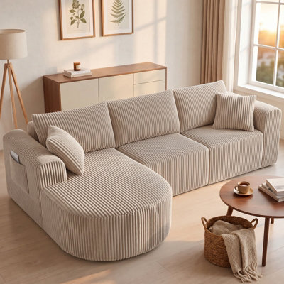 B&Q -  Boneless Corner Sofa Couch Cloud Modular Sectional Sofa L Shaped Memory Foam Corduroy 245CmRight Facing Chaise Beige