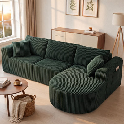 B&Q -  Boneless Corner Sofa Couch Cloud Modular Sectional Sofa L Shaped Memory Foam Corduroy 245CmLight Facing Chaise Green