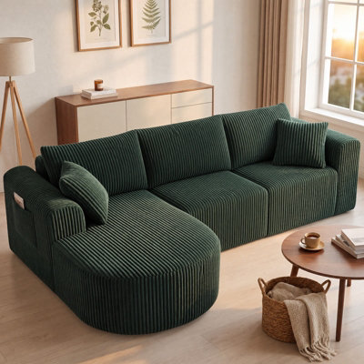 B&Q -  Boneless Corner Sofa Couch Cloud Modular Sectional Sofa L Shaped Memory Foam Corduroy 245CmRight Facing Chaise Green
