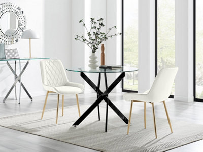 B&Q -  Uk Novara 100Cm Round Black Leg Dining Table & 2 Cream Pesaro Gold Leg Chairs