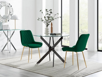 B&Q -  Uk Novara 100Cm Round Black Leg Dining Table & 2 Green Pesaro Gold Leg Chairs