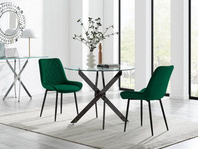 B&Q -  Uk Novara 100Cm Round Black Leg Dining Table & 2 Green Pesaro Black Leg Chairs