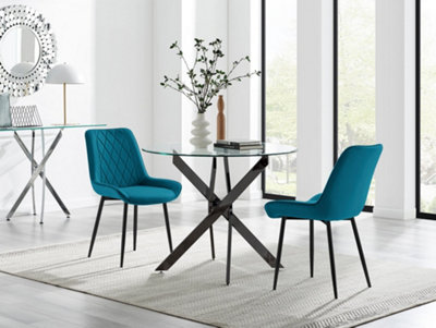 B&Q -  Uk Novara 100Cm Round Black Leg Dining Table & 2 Blue Pesaro Black Leg Chairs
