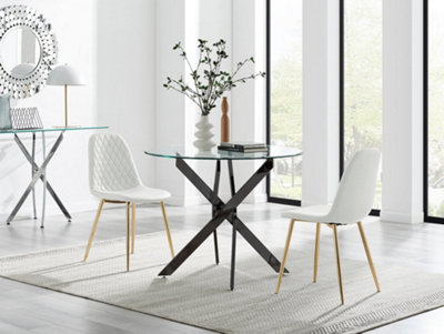 B&Q -  Uk Novara 100Cm Round Black Leg Dining Table & 2 White Corona Gold Chairs