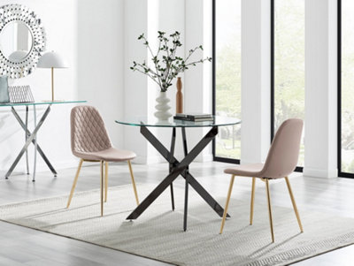 Furniturebox Uk Novara 100Cm Round Black Leg Dining Table & 2 Cappuccino Corona Gold Chairs from B&Q