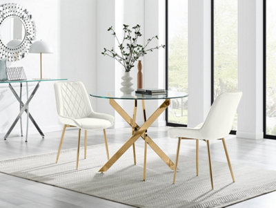 B&Q -  Uk Novara 100Cm Round Gold Leg Dining Table & 2 Cream Pesaro Gold Leg Chairs