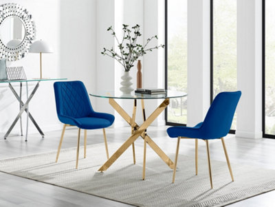 B&Q -  Uk Novara 100Cm Round Gold Leg Dining Table & 2 Navy Pesaro Gold Leg Chairs
