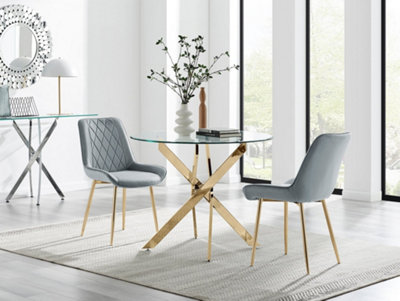 B&Q -  Uk Novara 100Cm Round Gold Leg Dining Table & 2 Grey Pesaro Gold Leg Chairs