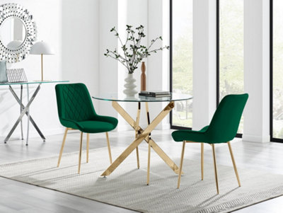 Furniturebox Gold/Green Uk Novara Round Leg Dining Table & 2 Pesaro Leg Chairs 100Cm