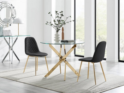 Furniturebox Uk Novara 100Cm Round Gold Leg Dining Table & 2 Black Corona Gold Chairs from B&Q