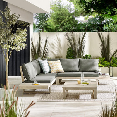 Furniturebox Brisa Wooden Garden Sofa SetSolid Wood 6 Seat Corner L-Shaped Sofa Coffee TableLimewash Patio Outdoor Sofa Set from B&Q