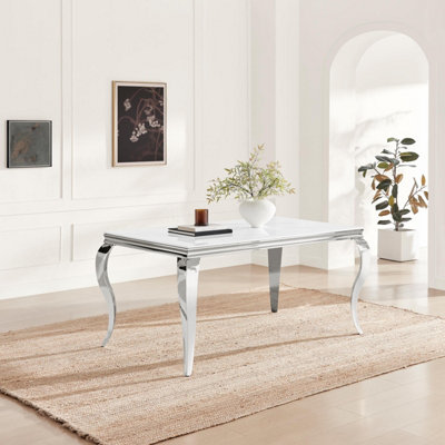 B&Q -  Uk Skye Rectangular White Marble Glass And Metal 6 Seater Dining Table