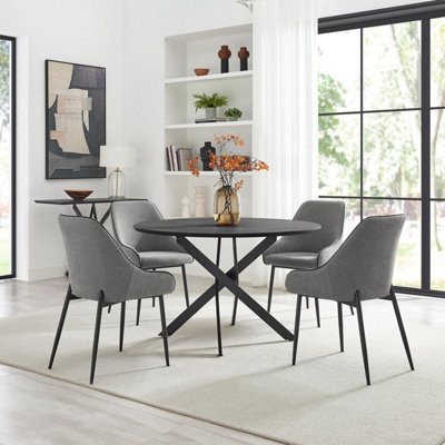 B&Q -  Uk Novara Black Top Dining Table & 6 Beaumont Grey Fabric Chairs