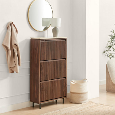 Furniturebox Uk Penrose Walnut & Cream Marble Effect Shoe Storage Cabinet