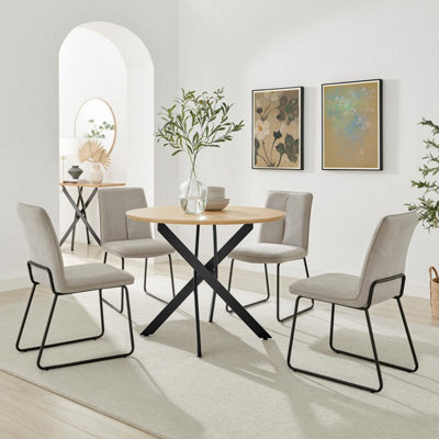 B&Q -  Uk Novara 100Cm Oak Veneer Top Black Leg Round Dining Table & 4 Taupe Halley Chairs