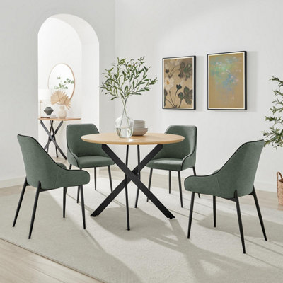 B&Q -  Uk Novara 100Cm Oak Veneer Top Black Leg Round Dining Table & 4 Green Beaumont Chairs