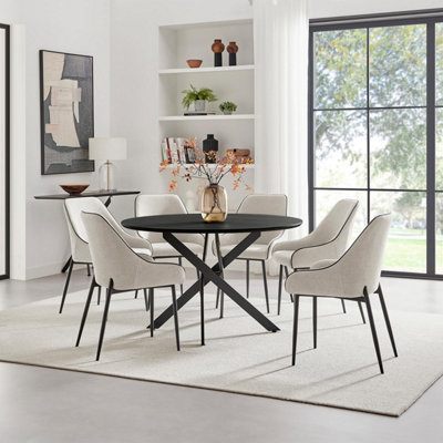 B&Q -  Uk Novara Black Top Dining Table & 6 Beaumont Cream Fabric Chairs