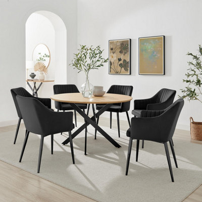 Furniturebox Black Uk Novara Oak Effect Dining Table & 6 Calla Velvet Chairs 120Cm