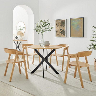 Furniturebox Uk Novara 100Cm Oak Veneer Top Round Dining Table & 4 Oak Masa Chairs Black