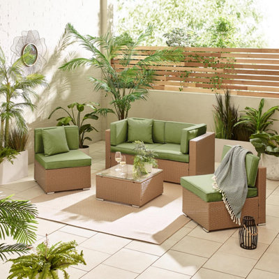 Furniturebox Orlando GreenBeige Rattan Garden Sofa Modular Outdoor Patio Couch SeatingTable & 4 Chairs Garden Corner Sofa Set from B&Q