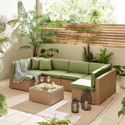 Furniturebox Orlando GreenBeige Rattan Garden Sofa Modular Outdoor Patio Couch SeatingTable & 6 Chairs Garden Corner Sofa Set from B&Q