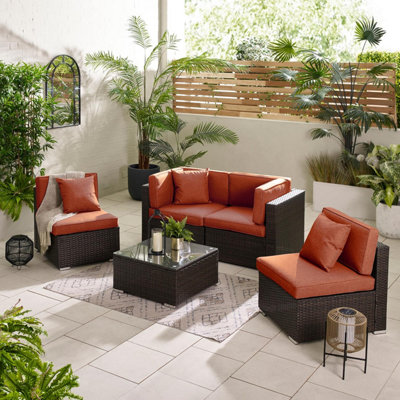 Furniturebox Orlando OrangeBrown Rattan Garden Sofa Modular Outdoor Patio Couch SeatingTable & 4 Chairs Garden Corner Sofa Set from B&Q