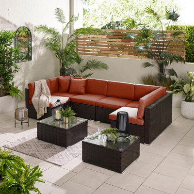 Furniturebox Orlando OrangeBrown Rattan Garden Sofa Modular Outdoor Patio Couch SeatingTable & 6 Chairs Garden Corner Sofa Set from B&Q