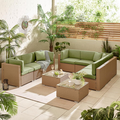 Furniturebox Orlando GreenBeige Rattan Garden Sofa Modular Outdoor Patio Couch SeatingTable & 8 Chairs Garden Corner Sofa Set from B&Q