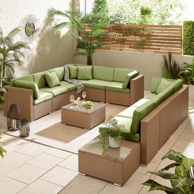 Furniturebox Orlando GreenBeige Rattan Garden Sofa Modular Outdoor Patio Couch SeatingTable & 10 Chairs Garden Corner Sofa Set from B&Q