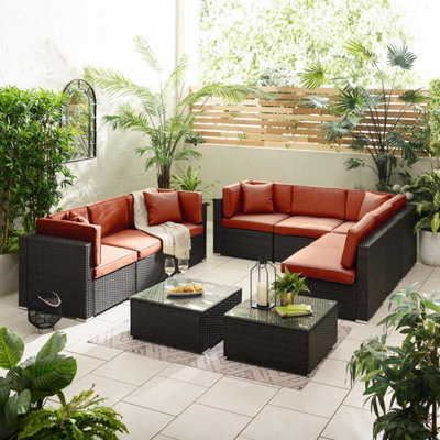 Furniturebox Orlando OrangeBrown Rattan Garden Sofa Modular Outdoor Patio Couch SeatingTable & 8 Chairs Garden Corner Sofa Set from B&Q