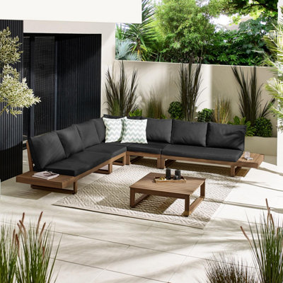 Furniturebox Brisa Wooden Garden Sofa SetSolid Wood 8 Seat Corner L-Shaped Sofa & Coffee TableWalnut Patio Outdoor Sofa Set from B&Q