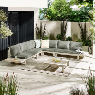 Furniturebox Brisa Wooden Garden Sofa SetSolid Wood 8 Seat Corner L-Shaped Sofa Coffee TableLimewash Patio Outdoor Sofa Set from B&Q